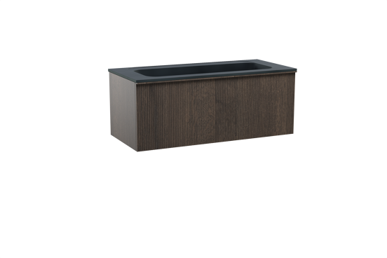 Balmani Forma zwevend badkamermeubel 120 x 55 cm gerookte eik met Tablo Strada enkele wastafel voor 2 kraangaten in composietmarmer mat zwart, Verticale symmetrische rechte ribbel