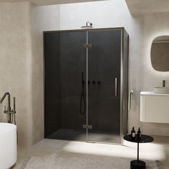 Balmani Senses Design douchehoek met linkse draaideur en vaste zijwand, 140 x 90 cm, Rookglas, Brushed GunMetal profielen