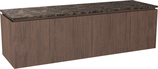 Balmani Eclips hängendes Möbelstück Set: 180 x 55 cm, Amerikanischer Nussbaum, mit Stretto Einzel- oder Doppel Waschtischplatte Marmor Dark Emperador, Vertikale symmetrische gerade Rippe