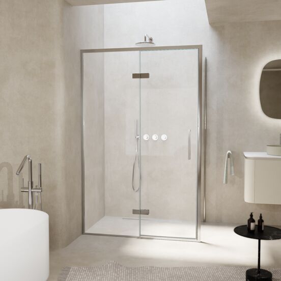 Balmani Senses Design douchehoek met linkse draaideur en vaste zijwand, 120 x 100 cm, Helder glas, Chroom profielen, met coating
