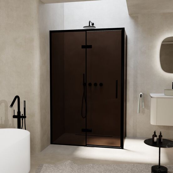 Balmani Senses Design douchehoek met linkse draaideur en vaste zijwand, 120 x 90 cm, Brons, Zwarte profielen, met coating