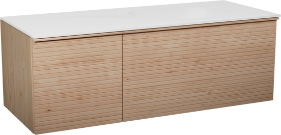 Balmani Forma zwevend badkamermeubel 135 x 55 cm natuur eik met Tablo Arcato asymmetrisch rechtse wastafel in solid surface mat wit, Horizontale symmetrische rechte ribbel