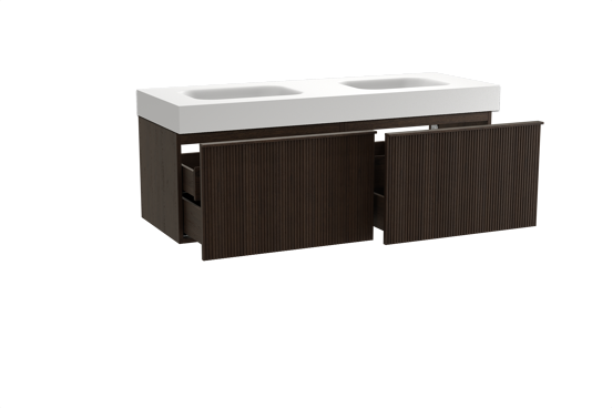 Balmani Forma zwevend badkamermeubel 150 x 55 cm gerookte eik met Arcato dubbele wastafel in solid surface mat wit, Verticale symmetrische rechte ribbel