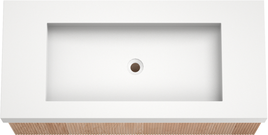 Balmani Forma zwevend badkamermeubel 120 x 55 cm natuur eik met Modus enkele wastafel voor 2 kraangaten in solid surface mat wit, Verticale symmetrische rechte ribbel