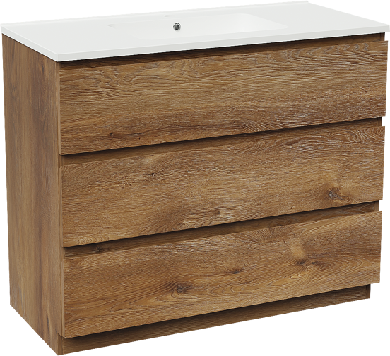Linie Lado freistehendes Möbelstück Set: 100 x 46 cm, Braune Eiche, mit Vano Einzelwaschtisch, Marmorkomposit Weiß matt