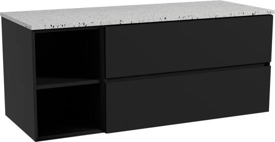 Storke Edge meuble salle de bains suspendu 130 x 52 cm noir mat avec Tavola tablette simple ou double en blanc/noir mat terrazzo