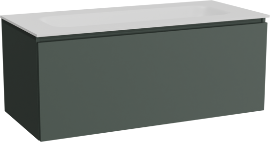Balmani Sfera zwevend badkamermeubel 120 x 55 cm forest met Tablo Arcato enkele wastafel voor 2 kraangaten in solid surface mat wit