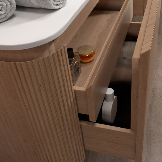 Balmani Moon meuble salle de bains suspendu 100 x 55 cm chêne naturel avec Moon tablette simple en solid surface blanc mat, Nervure droite symétrique verticale