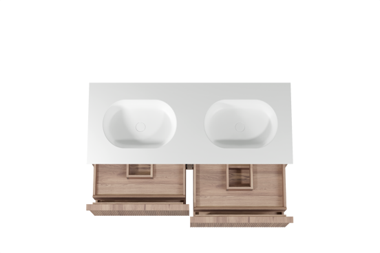 Balmani Forma hängendes Möbelstück Set: 135 x 55 cm, Teak, mit Tablo Oval Doppelwaschtisch, Solid Surface, Weiß matt, Vertikale symmetrische gerade Rippe