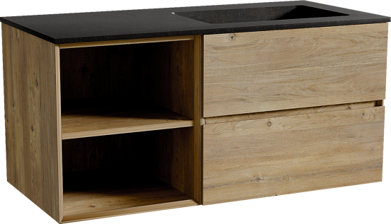 Storke Edge meuble salle de bains suspendu 110 x 52 cm chêne brut avec Scuro plan vasque asymétrique à droite en quartz noir mat