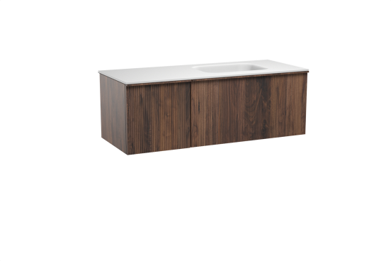 Balmani Forma meuble salle de bains suspendu 135 x 55 cm noyer américain avec Tablo Arcato vasque asymétrique droite en solid surface blanc mat, Nervure droite symétrique verticale