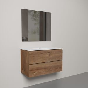 Linie Lado zwevend badkamermeubel  90 x 46 cm bruine eik met Baro enkele wastafel in glanzend witte porselein en Soto spiegel
