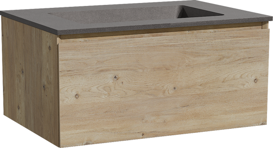Storke Edge meuble salle de bains suspendu 75 x 52 cm chêne brut avec Scuro plan simple en quartz noir mat