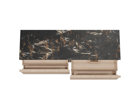 Balmani Forma hängendes Möbelstück Set: 180 x 55 cm, Naturbelassene Eiche, mit Stretto Einzel- oder Doppel Waschtischplatte, Marmor, Portoro Gold, Horizontale symmetrische gerade Rippe