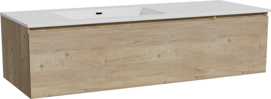 Storke Edge zwevend badmeubel 140 x 52 cm ruw eiken met Diva asymmetrisch linkse wastafel in composietmarmer hoogglans wit
