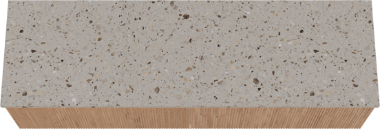 Balmani Forma hängendes Möbelstück Set: 180 x 55 cm, Teak, mit Stretto Einzel- oder Doppel Waschtischplatte, Terrazzo in Greige, Vertikale symmetrische gerade Rippe