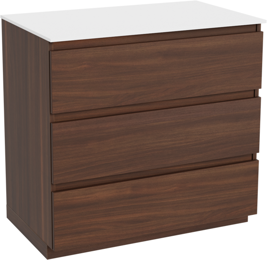 Balmani Lucida freistehendes Möbelstück Set: 90 x 55 cm, Amerikanischer Nussbaum, mit Stretto Einzel Waschtischplatte, Solid Surface Weiß matt