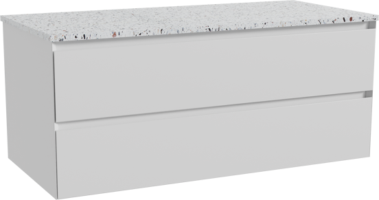 Balmani Mitra hängendes Möbelstück Set: 120 x 55 cm, Weiß matt, mit Stretto Einzel- oder Doppel Waschtischplatte, Terrazzo in Weiß/Schwarz matt