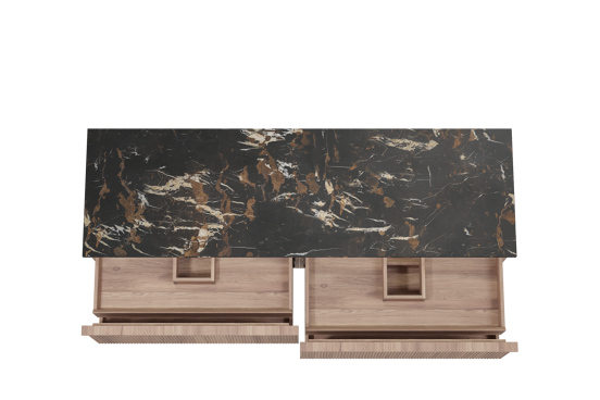 Balmani Forma zwevend badkamermeubel 180 x 55 cm teak met Stretto enkel of dubbel tablet in marmer portoro gold, Verticale symmetrische rechte ribbel