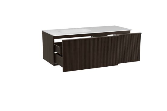 Balmani Forma meuble salle de bains suspendu 135 x 55 cm chêne fumé avec Tablo Oval vasque asymétrique gauche en solid surface blanc mat, Nervure droite symétrique verticale