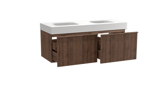 Balmani Forma zwevend badkamermeubel 135 x 55 cm amerikaanse notelaar met Arcato dubbele wastafel in solid surface mat wit, Verticale symmetrische rechte ribbel