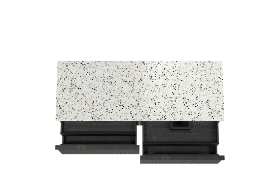 Balmani Forma hängendes Möbelstück Set: 150 x 55 cm, Schwarze Eiche, mit Stretto Einzel- oder Doppel Waschtischplatte, Terrazzo in Weiß/Schwarz matt, Vertikale symmetrische gerade Rippe