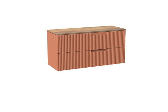 Linie Ribbo meuble salle de bains suspendu 120 x 46 cm cotto avec Lado tablette simple ou double en mélaminé chêne naturel, Nervure circulaire symétrique verticale