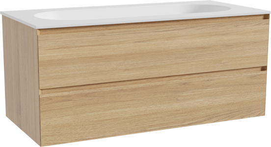 Balmani Mitra zwevend badkamermeubel 120 x 55 cm natuur eik met Tablo Oval enkele wastafel voor 2 kraangaten in solid surface mat wit