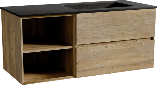 Storke Edge meuble salle de bains suspendu 120 x 52 cm chêne brut avec Scuro plan vasque asymétrique à droite en quartz noir mat