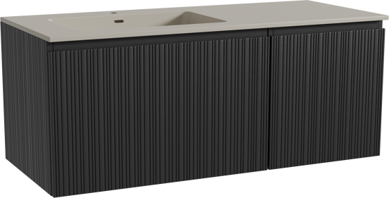 Storke Ribs zwevend badmeubel 120 x 52 cm zwart eiken met Diva asymmetrisch linkse wastafel in top solid zijdegrijs, Verticale asymmetrische rechte ribbel