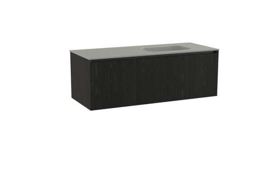 Balmani Fila zwevend badmeubel 135 x 55 cm zwart eiken met Tablo Arcato asymmetrisch rechtse wastafel in solid surface steengrijs, Verticale symmetrische rechte ribbel