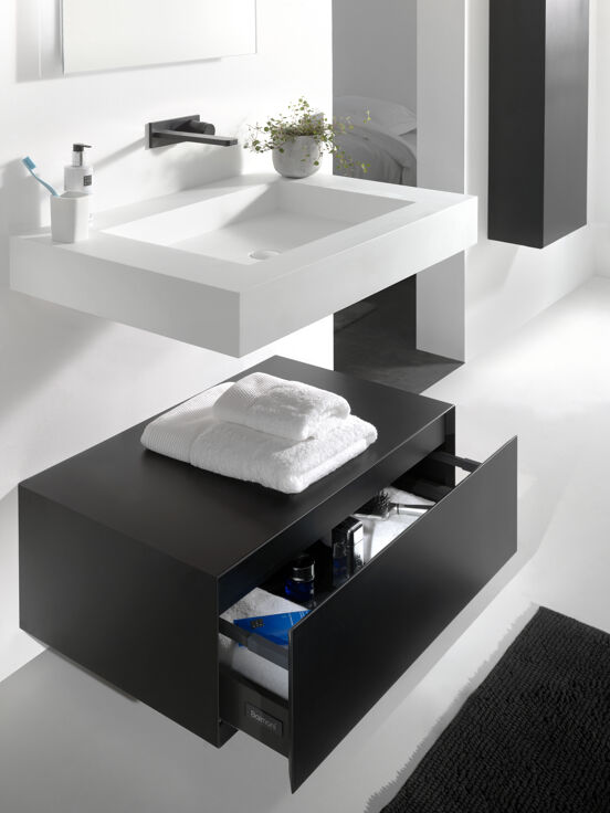 Balmani Mitra Elements hängender Waschbeckenunterschrank: 90 x 50 cm, Schwarz matt, 1 Schublade