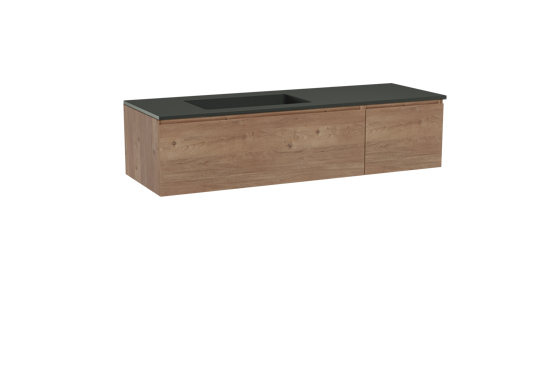 Storke Edge zwevend badmeubel 150 x 52 cm ruw eiken met Scuro asymmetrisch linkse wastafel in kwarts mat zwart