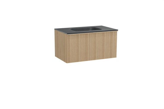 Balmani Forma zwevend badkamermeubel 90 x 55 cm natuur eik met Tablo Arcato enkele wastafel in graniet zwart, Verticale asymmetrische ronde ribbel