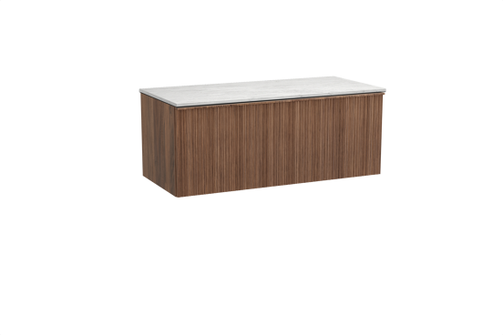 Balmani Forma hängendes Möbelstück Set: 120 x 55 cm, Amerikanischer Nussbaum, mit Stretto Einzel- oder Doppel Waschtischplatte, Marmor, Carrara, Vertikale asymmetrische Runde Rippe