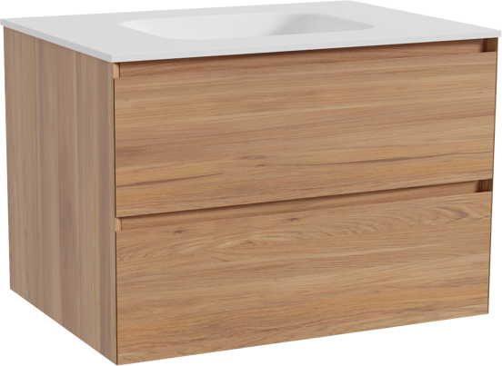 Balmani Mitra meuble salle de bains suspendu 75 x 55 cm teck avec Tablo Arcato plan simple en solid surface blanc mat