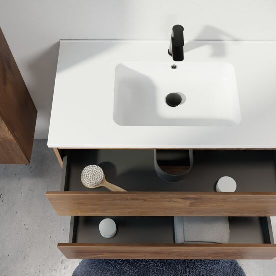 Linie Lado hängendes Möbelstück Set: 80 x 46 cm, Braune Eiche, mit Vano Einzelwaschtisch, Marmorkomposit Weiß matt