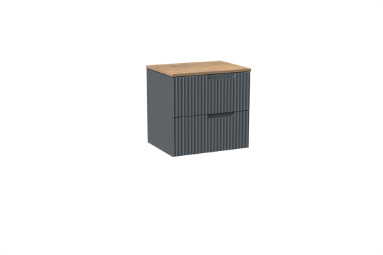 Linie Ribbo meuble salle de bains suspendu 60 x 46 cm bleu anthracite avec Lado tablette simple en mélaminé chêne naturel, Nervure circulaire symétrique verticale