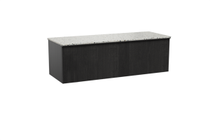Balmani Forma zwevend badkamermeubel 150 x 55 cm zwarte eik met Stretto enkel of dubbel tablet in mat wit/zwart terrazzo, Verticale symmetrische rechte ribbel