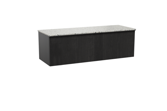 Balmani Forma hängendes Möbelstück Set: 150 x 55 cm, Schwarze Eiche, mit Stretto Einzel- oder Doppel Waschtischplatte, Terrazzo in Weiß/Schwarz matt, Vertikale symmetrische gerade Rippe