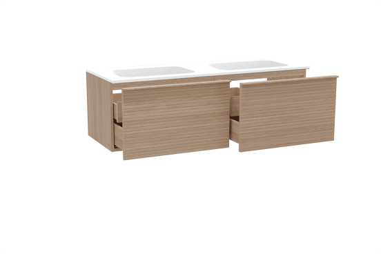 Balmani Forma zwevend badkamermeubel 150 x 55 cm natuur eik met Tablo Strada dubbele wastafel in composietmarmer mat wit, Horizontale symmetrische rechte ribbel