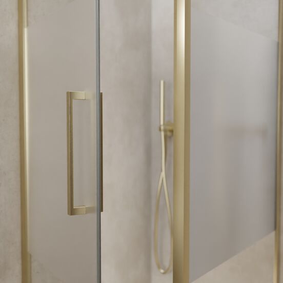 Balmani Senses Design douchehoek met linkse draaideur en vaste zijwand, 90 x 90 cm, Helder glas met matte strook, Brushed Champagne Gold profielen, met coating