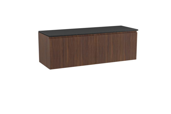 Storke Ribs zwevend badmeubel 150 x 52 cm notenhout met Panton enkel of dubbel wastafelblad in gepoedercoate mdf mat zwart, Verticale symmetrische rechte ribbel
