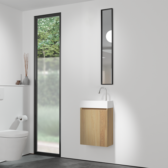 Balmani Mitra hängendes WC-Möbel-Set, 42 x 21 cm, Eiche Natur, mit Dama Waschtisch in mattem Solid Surface