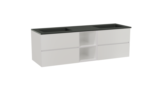 Storke Edge zwevend badmeubel 165 x 52 cm hoogglans wit met Scuro dubbele wastafel in kwarts mat zwart