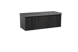 Balmani Forma zwevend badkamermeubel 135 x 55 cm zwarte eik met Rock asymmetrisch rechtse wastafel in graniet zwart, Verticale symmetrische rechte ribbel