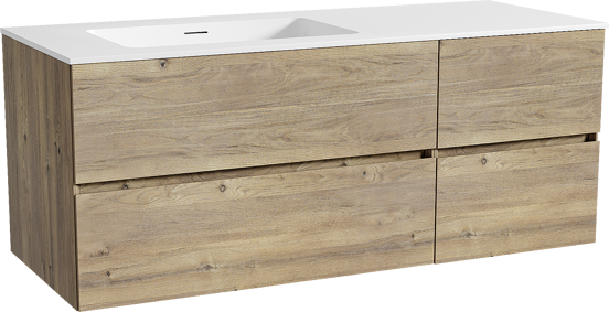 Storke Edge meuble salle de bains suspendu 130 x 52 cm chêne brut avec Mata plan vasque asymétrique à gauche en solid surface blanc mat