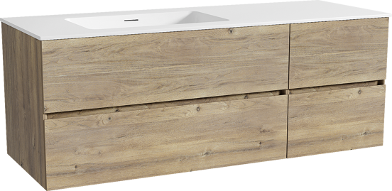 Storke Edge meuble salle de bains suspendu 140 x 52 cm chêne brut avec Mata plan vasque asymétrique à gauche en solid surface blanc mat