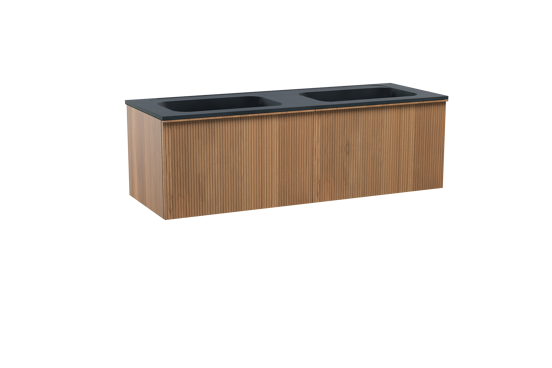 Balmani Forma hängendes Möbelstück Set: 150 x 55 cm, Teak, mit Tablo Strada Doppelwaschtisch, Marmorkomposit, Schwarz matt, Vertikale symmetrische gerade Rippe