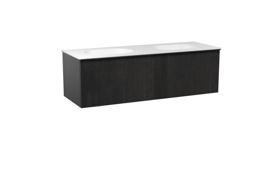 Balmani Forma zwevend badkamermeubel 150 x 55 cm zwarte eik met Tablo Oval dubbele wastafel in solid surface mat wit, Verticale symmetrische rechte ribbel